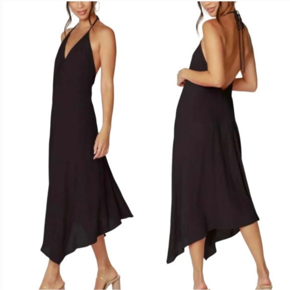 BOBI BLACK LOS ANGELES Low Back Luxe Crepe Halter Black Dress Size L 💥🆕💥